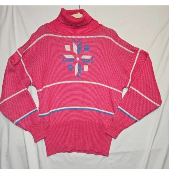 Slalom Vintage 80's Hot Pink Nordic Design Ribbed Turtleneck Knit Ski Sweater - Picture 3 of 16